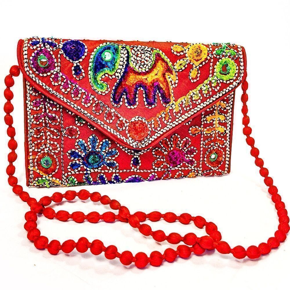 Red Textile Embroidered Envelope Clutch Purse India Elephant